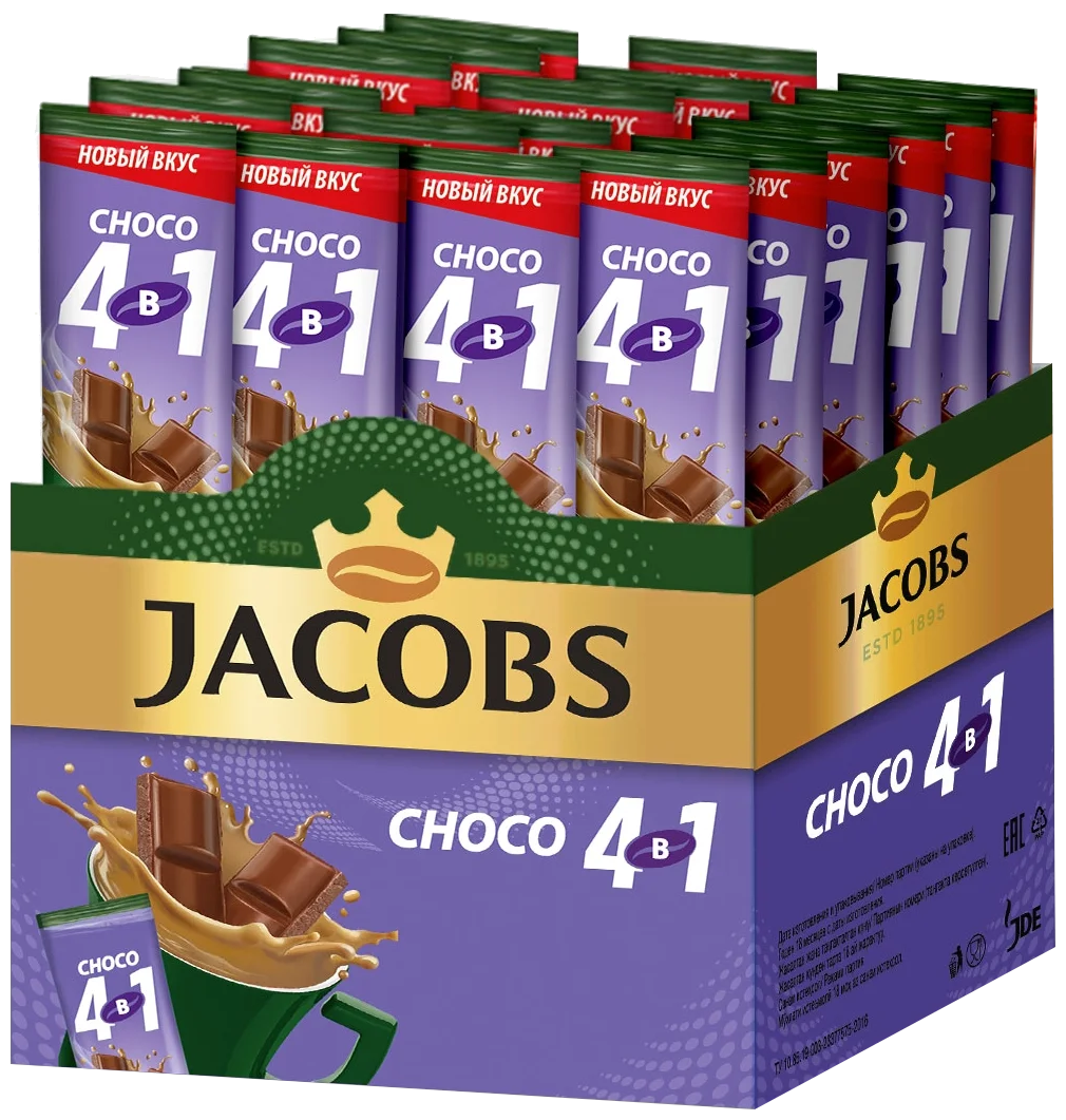 Напиток кофейный растворимый в стиках Jacobs 4 в 1 CHOCO, 13,5г х 24 шт - фотография № 1