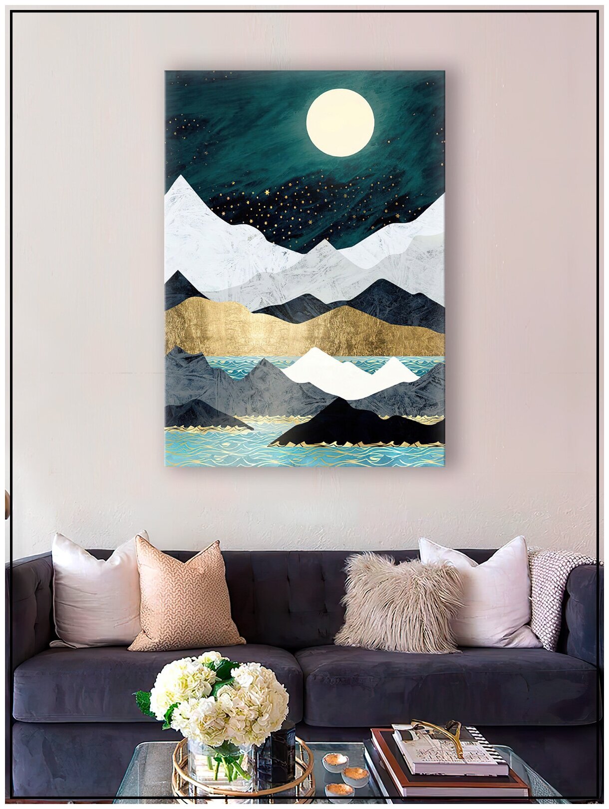 Картина для интерьера на натуральном хлопковом холсте "Полнолуние в горах", 30*40см, холст на подрамнике, картина в подарок для дома
