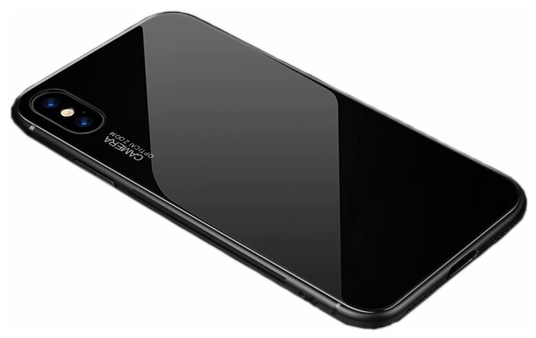 Чехол-бампер MyPads для iPhone XS стеклянный из закаленного стекла с эффектом градиент зеркальный блестящий переливающийся черный