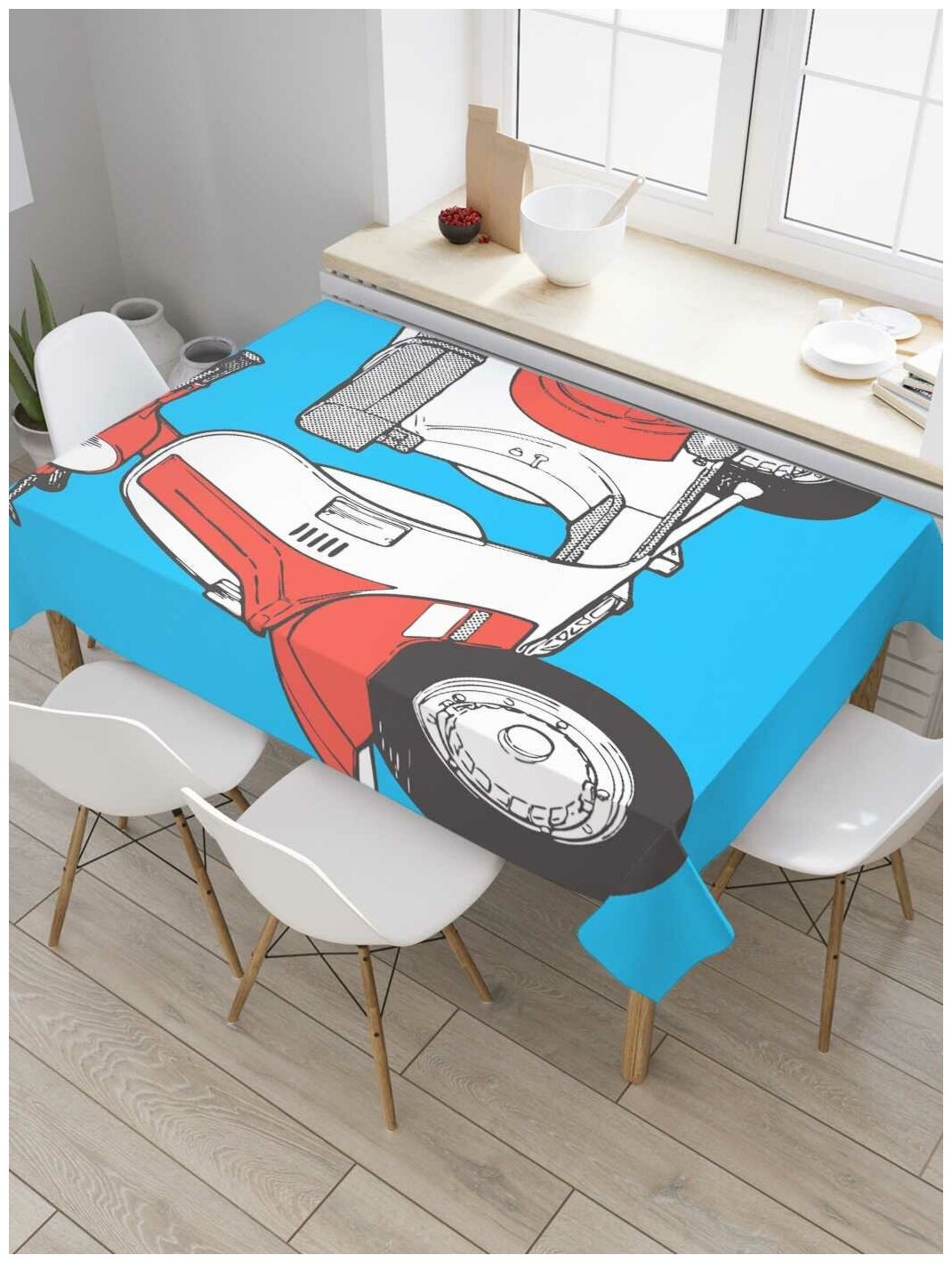 Скатерть прямоугольная JoyArty на кухонный стол "Мотороллер Веспа" из оксфорда, 120x145 см