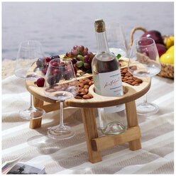 Столик-поднос для вина с менажницей и складными ножками Adelica, на 4 персоны, d=35×2,8 см, берёза