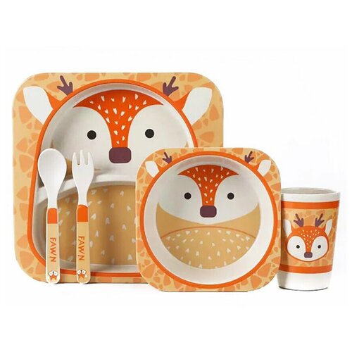 фото Детский столовый набор, тарелка, миска, ложка, вилка, стакан, цвет оранжевый, 27х25х10 см, baby fox bf-bowl-53