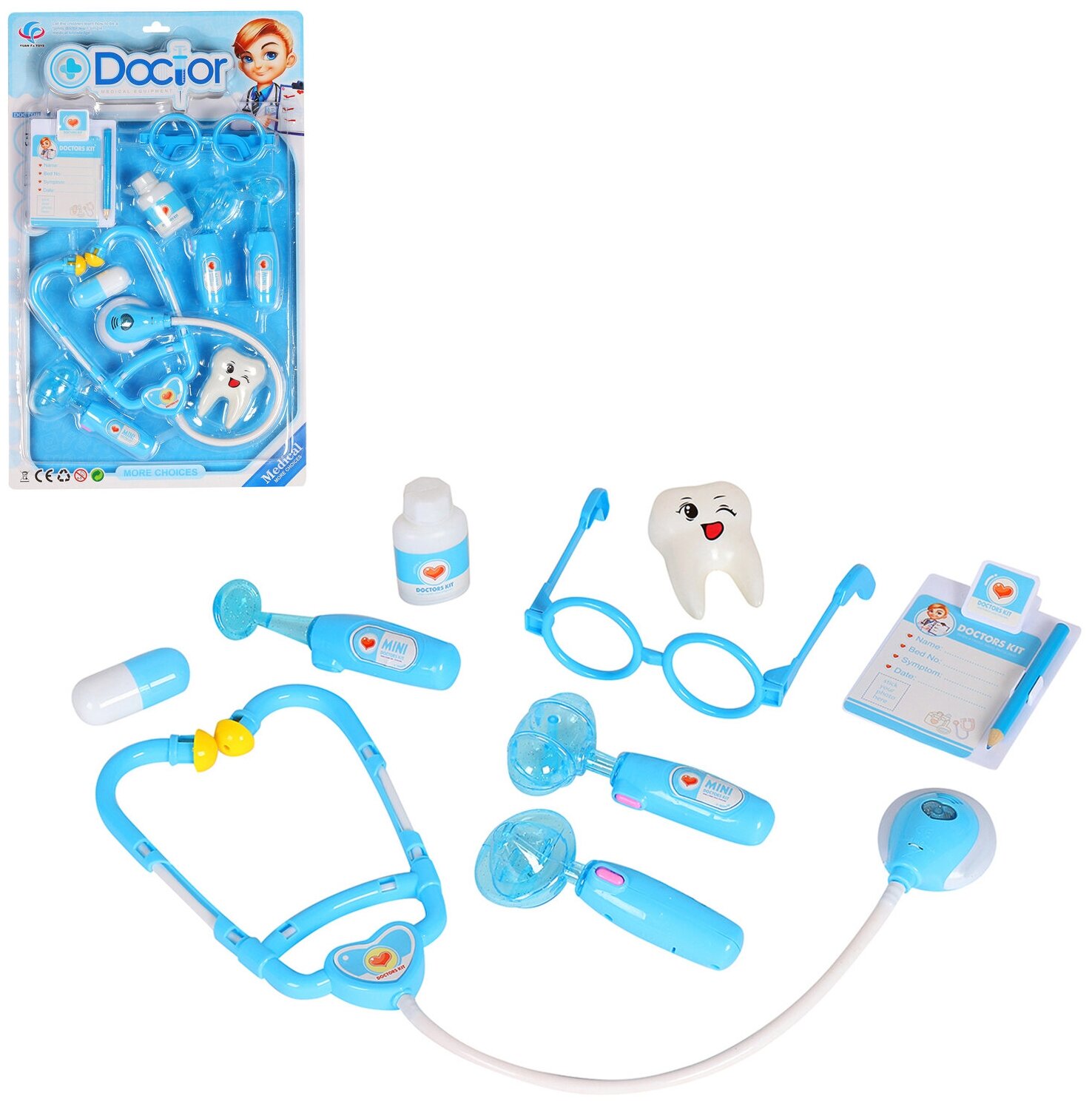 Игровой набор "Доктор" на блистере детские ролевые игрушки профессия для девочек для мальчиков 9 предметов стетоскоп на батарейках звук свет в/к 46х28х4 см