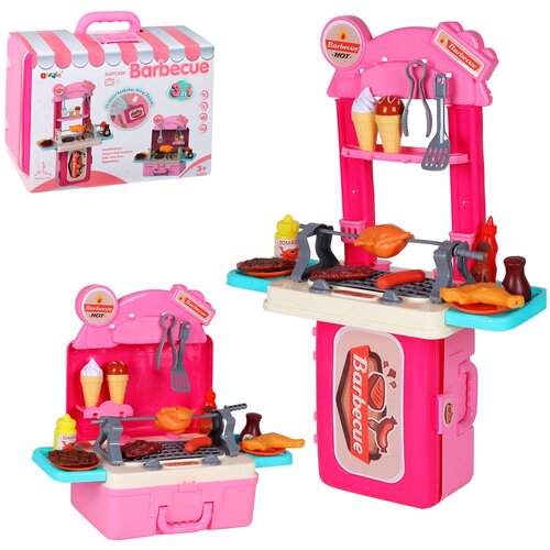 Купить Кухня детская игровая в чемоданчике 3 в 1, игрушечная посуда и продукты, игрушечная еда, барбекю, игрушка для девочек, сюжетно- ролевые игры, розовый, Компания Друзей