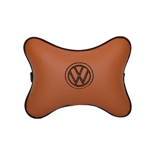 Автомобильная подушка на подголовник экокожа Fox (коричневая) с логотипом автомобиля Volkswagen