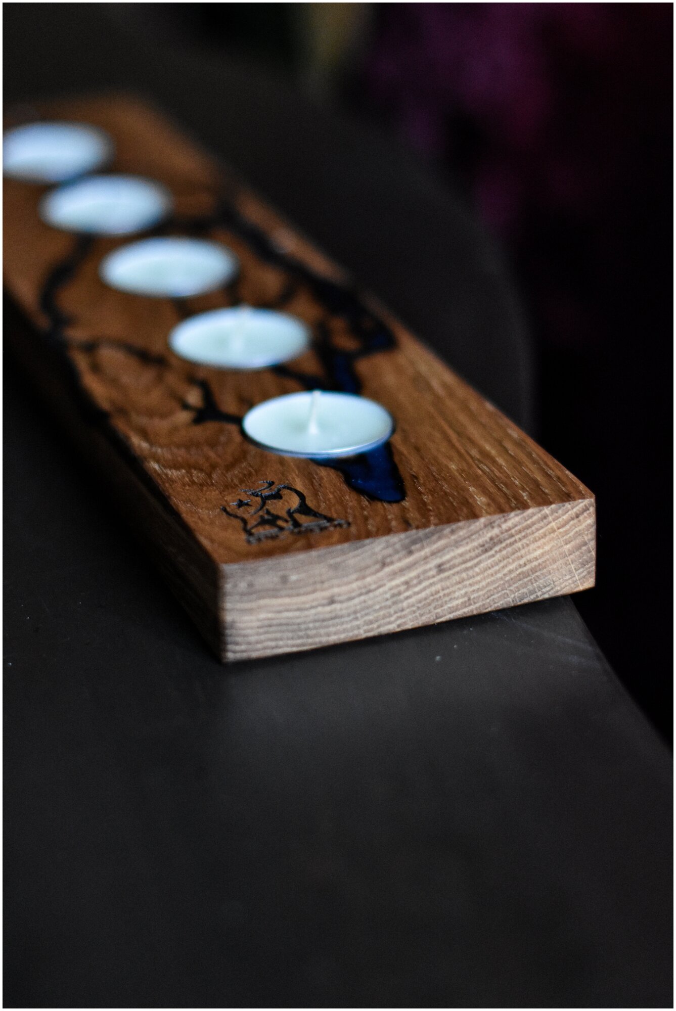 Подсвечник деревянный "5 свечей" 39,5х9,5 см. для чайной свечи (синяя молния) - фотография № 5