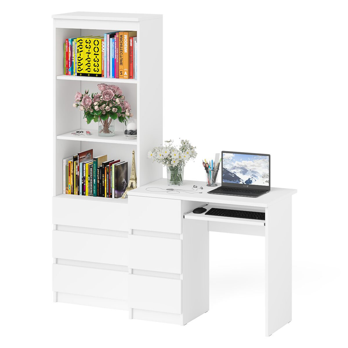 фото Стол компьютерный СВК Мори МС-6 с тумбой с ящиками слева и стеллаж-комод цвет белый, 150,4х50х179,6 см.