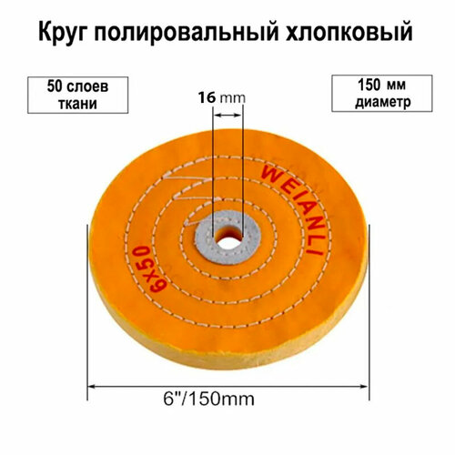 Круг полировальный муслиновый жёлтый Ф150 мм (отверстие Ф20мм) для полировки металла пластика дерева