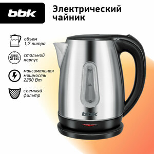 Чайник электрический BBK EK1761S нержавеющая сталь/черный, объем 1.7 л, мощность 2200 Вт