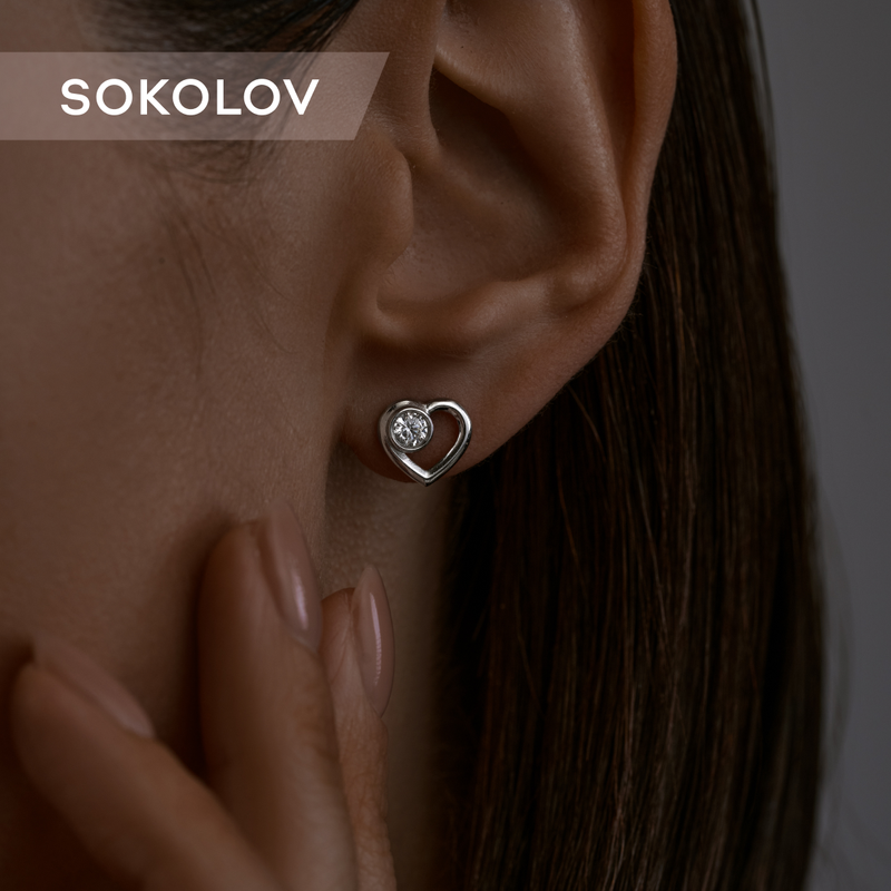 Серьги пусеты SOKOLOV, серебро, 925 проба, родирование, фианит, размер 10 мм, , бесцветный — фото 1