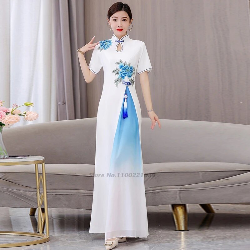 Вьетнамское платье aodai 2025 года, традиционное китайское улучшенное Ципао, национальное платье Cheongsam с цветочной вышивкой, банкетное вечернее платье, M, Женский
