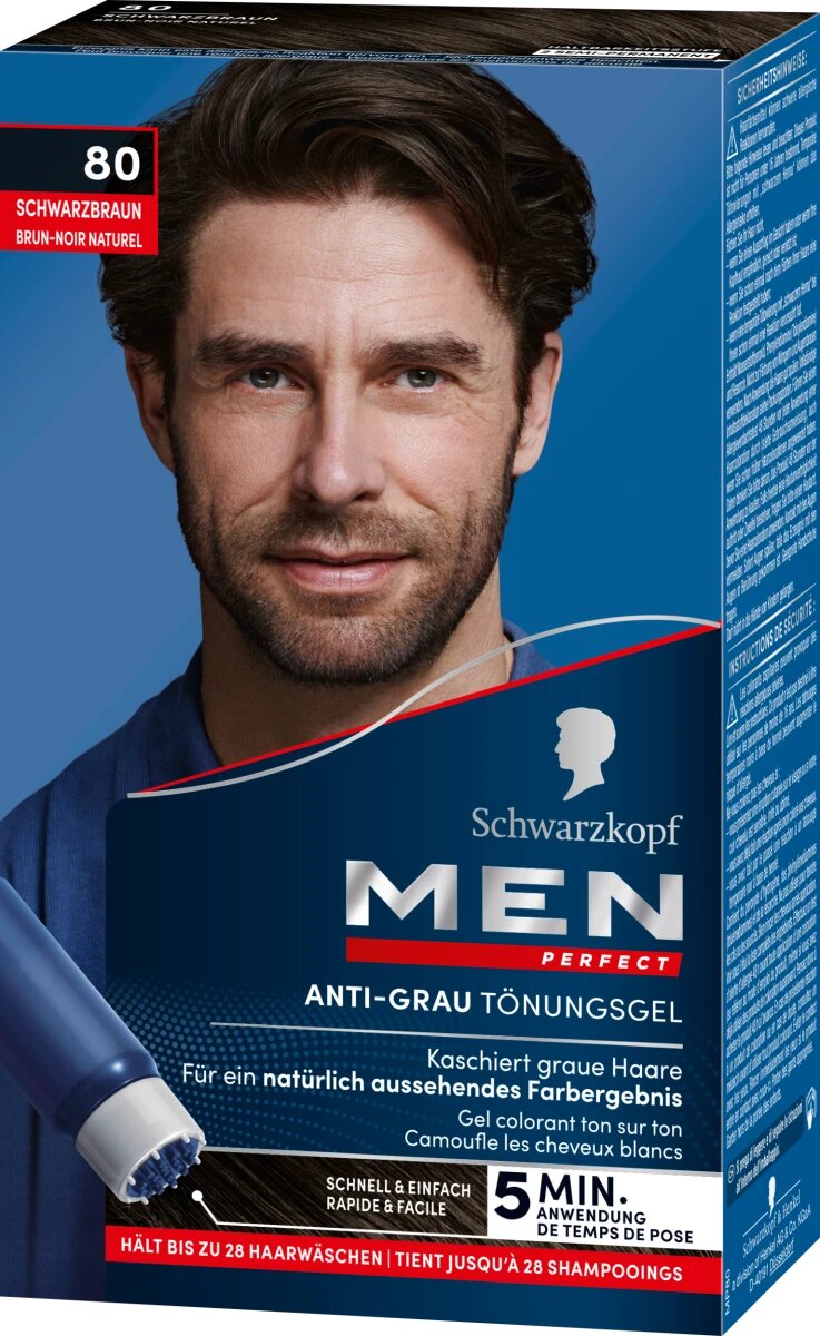 Schwarzkopf Men Perfect Краска для волос, 80 натуральный чёрно-каштановый, тонирующий гель против седины, 80 мл — фото 1