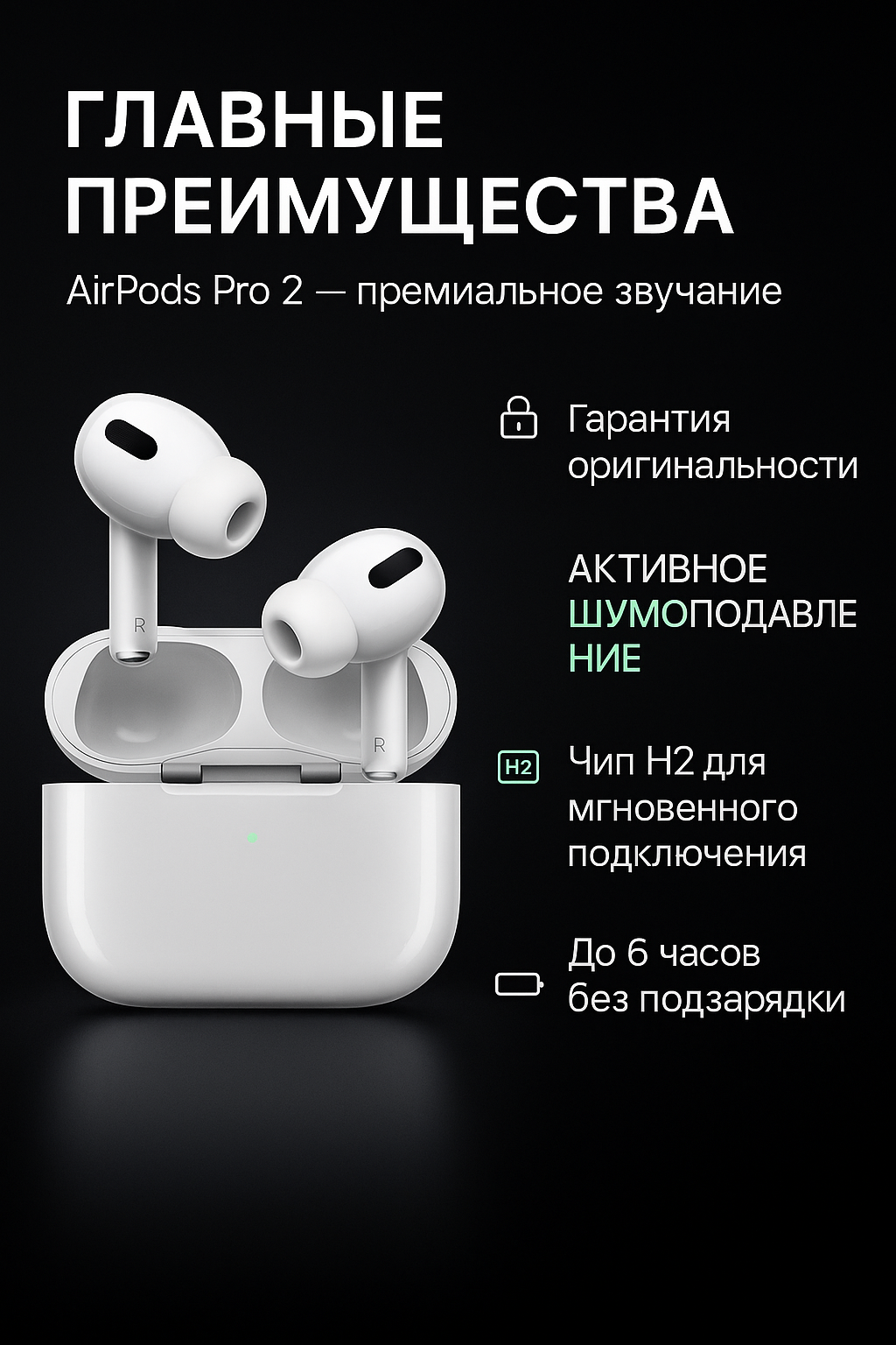 Apple AirPods Pro 2 ANC (2-го поколения) с активным шумоподавлением ANC, Bluetooth-наушники