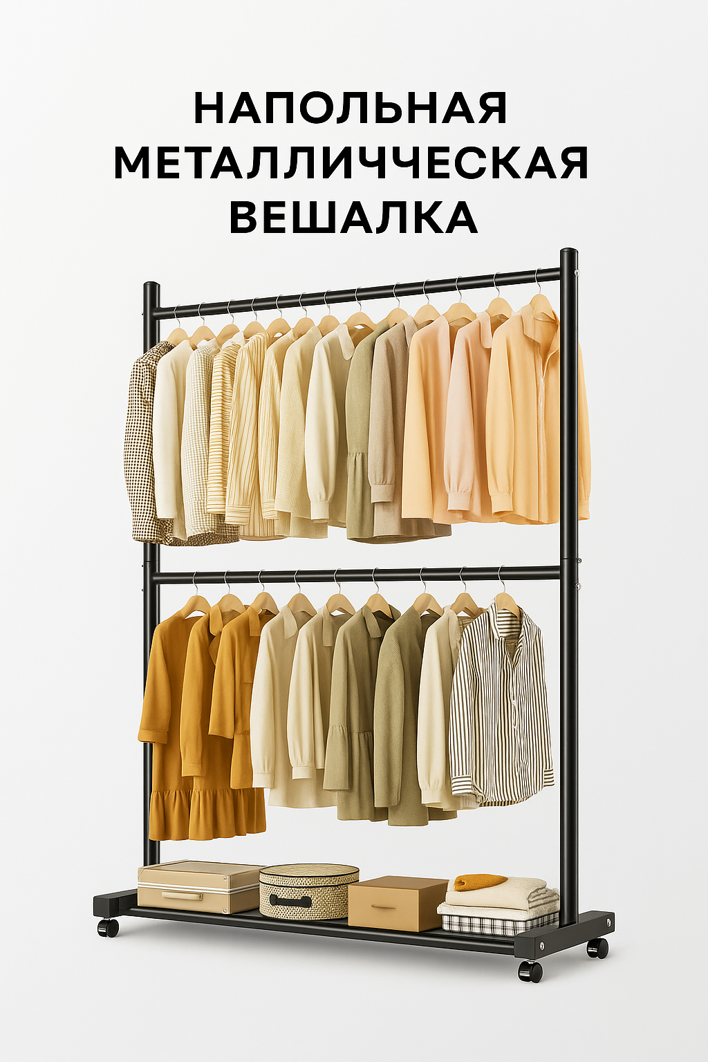 Металлическая напольная вешалка с двойной штангой и полками усиленная сталь, высокая нагрузка, колёсики с фиксаторами