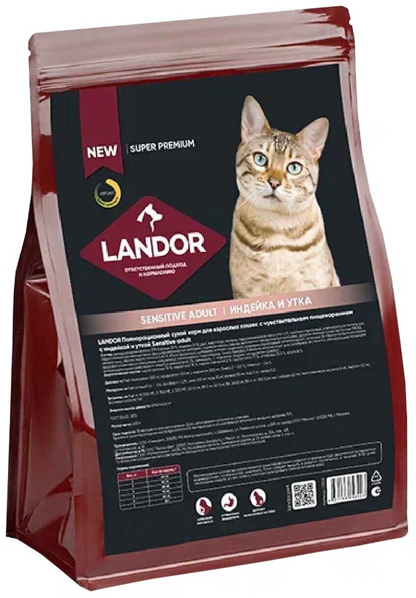 Корм сухой для кошек Landor Sensitive Adult c индейкой и уткой для кошек с чувствительным пищеварением