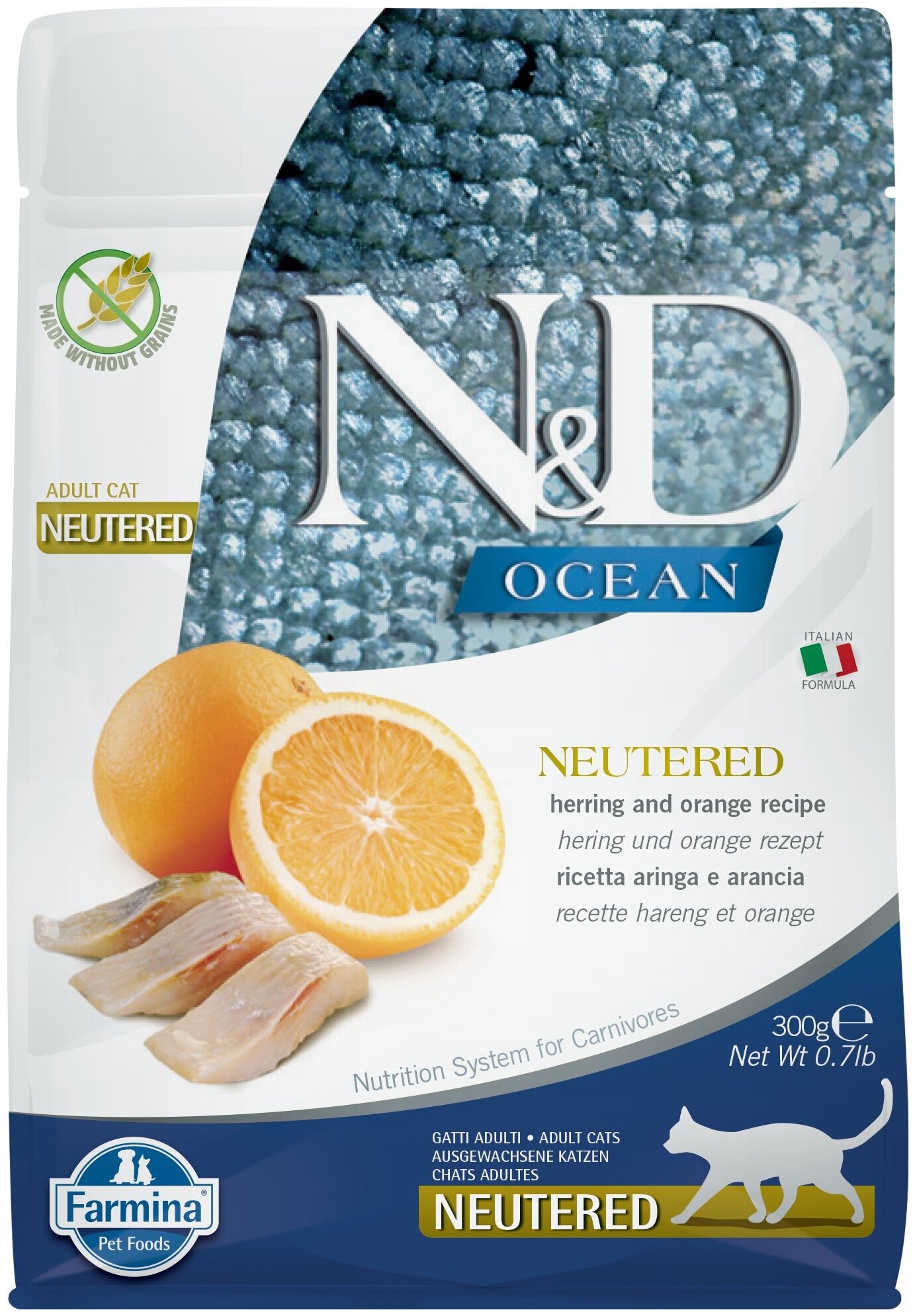 Сухой корм Farmina N&D Ocean для стерилизованных кошек, беззерновой, холистик, сельдь с апельсином, 300 г