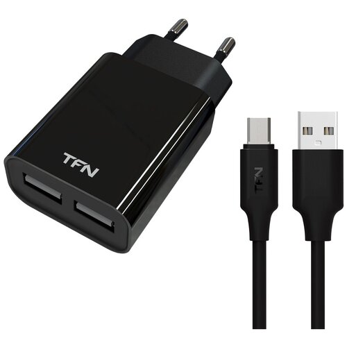 фото Сетевое зарядное устройство tfn, 2.4a, 2usb, micro usb, чёрный (tfn-wc2u24amicbk)