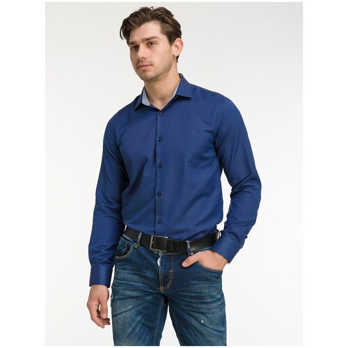 Рубашка мужская длинный рукав CaesarLeo SlimFit Темно-синяя
