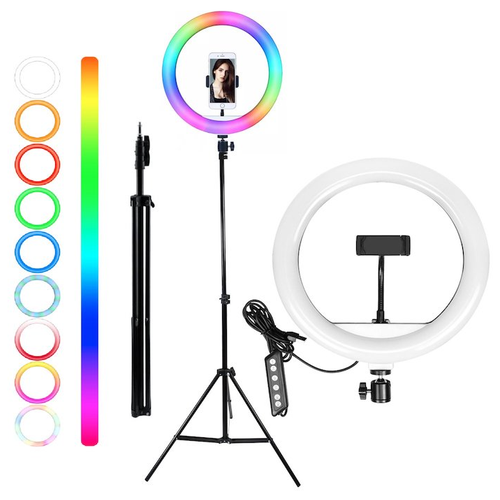 Кольцевая светодиодная LED лампа 26 см (цветная) со штативом 210 см / селфи кольцо RGB (15 цветовых схем)