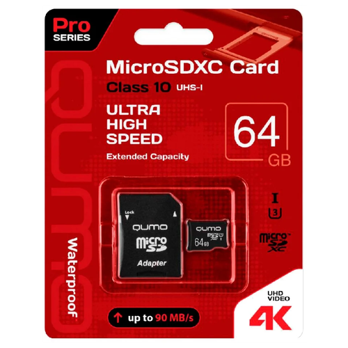 Карта памяти Qumo microSDXC 64GB Pro series microSDXC Class 10 UHS-I, U3 + SD адаптер