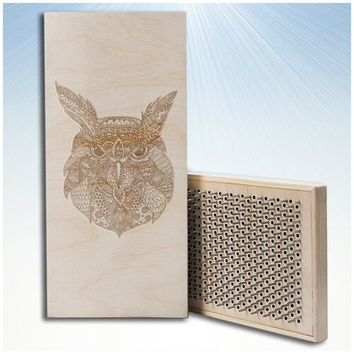 фото Доска садху / доска с гвоздями / доска для йоги / животные сова - 1059, черная чакра