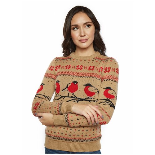 Шерстяной свитер, классический скандинавский орнамент с птицами снегирями и снежинками, натуральная шерсть, бежевый цвет, размер L