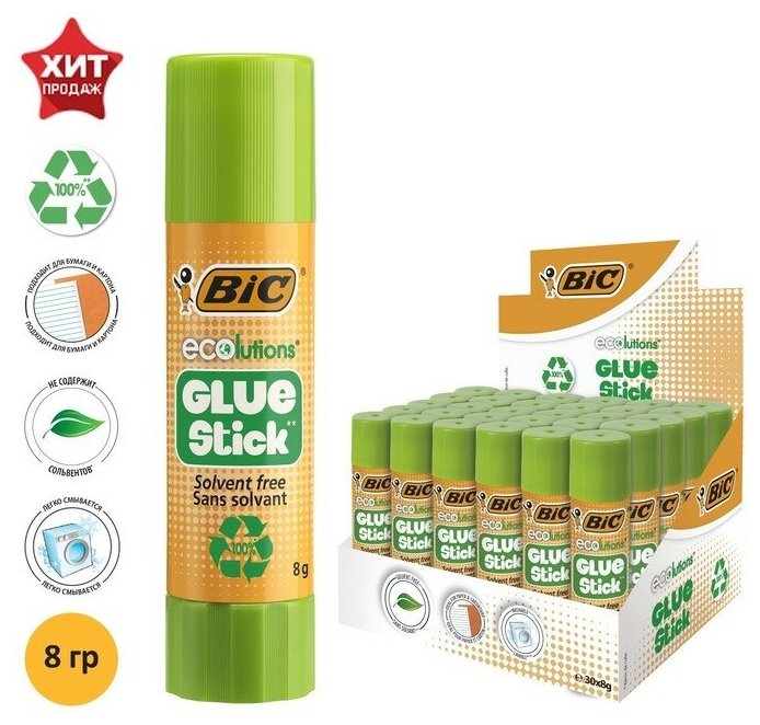 BIC Клей-карандаш, 0.8г, BIC "Ecolutions", твердый, с яблочным запахом, прозрачный, водно-спиртовая основа