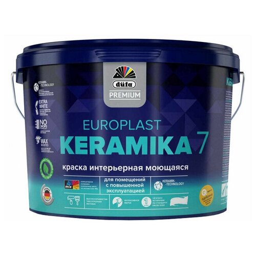 Краска в/д DUFA Premium EuroPlast Keramika 7 база 1 для стен и потолков 9л белая, арт. МП00-006966 краска в д dufa premium europlast keramika 7 база 3 для стен и потолков 0 9л бесцветная арт мп00