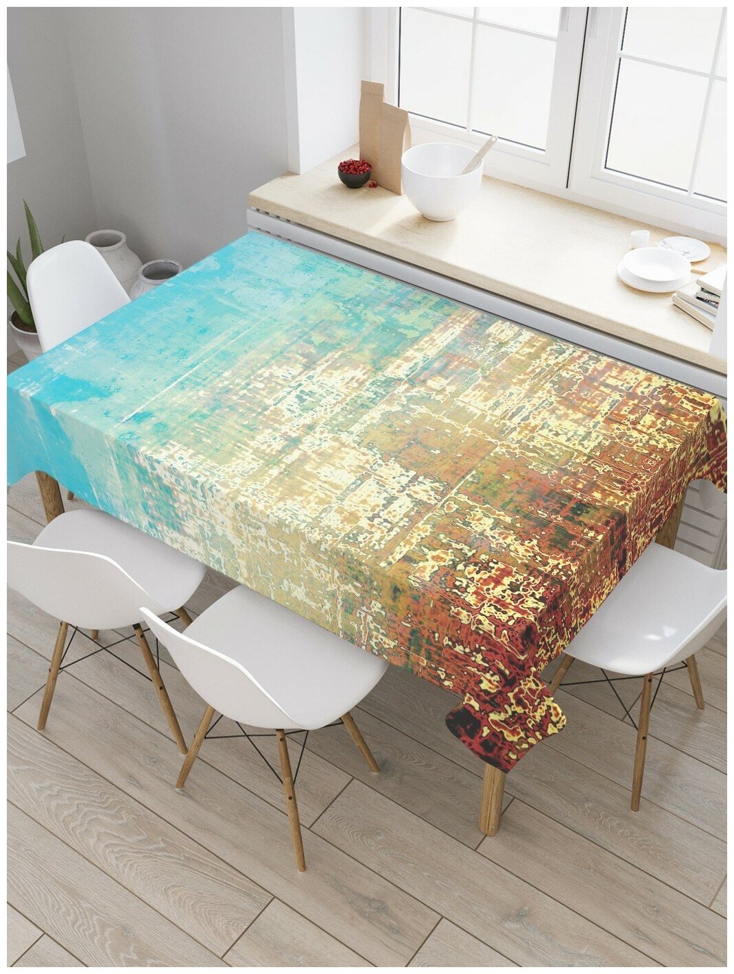 Прямоугольная водоотталкивающая тканевая скатерть на стол JoyArty с рисунком "Потертое полотно" 145 на 180 смкремовый, коричневый, голубой