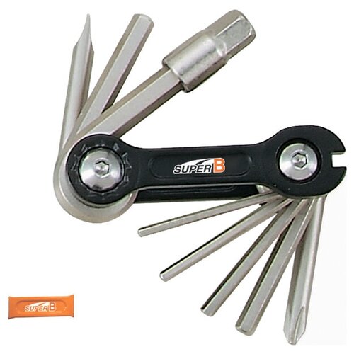 фото Super b tb-9870 набор инструментов складной 10 в 1: шестигранники 2,5/3/4/5/6/8мм, отвертки +/-, спицевой ключ 3,2 мм, оранжевый, торговая упаковка.