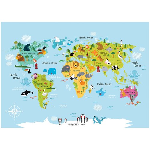 Фотообои WONDERWALL Детская карта с животными 3,88х2,8 м