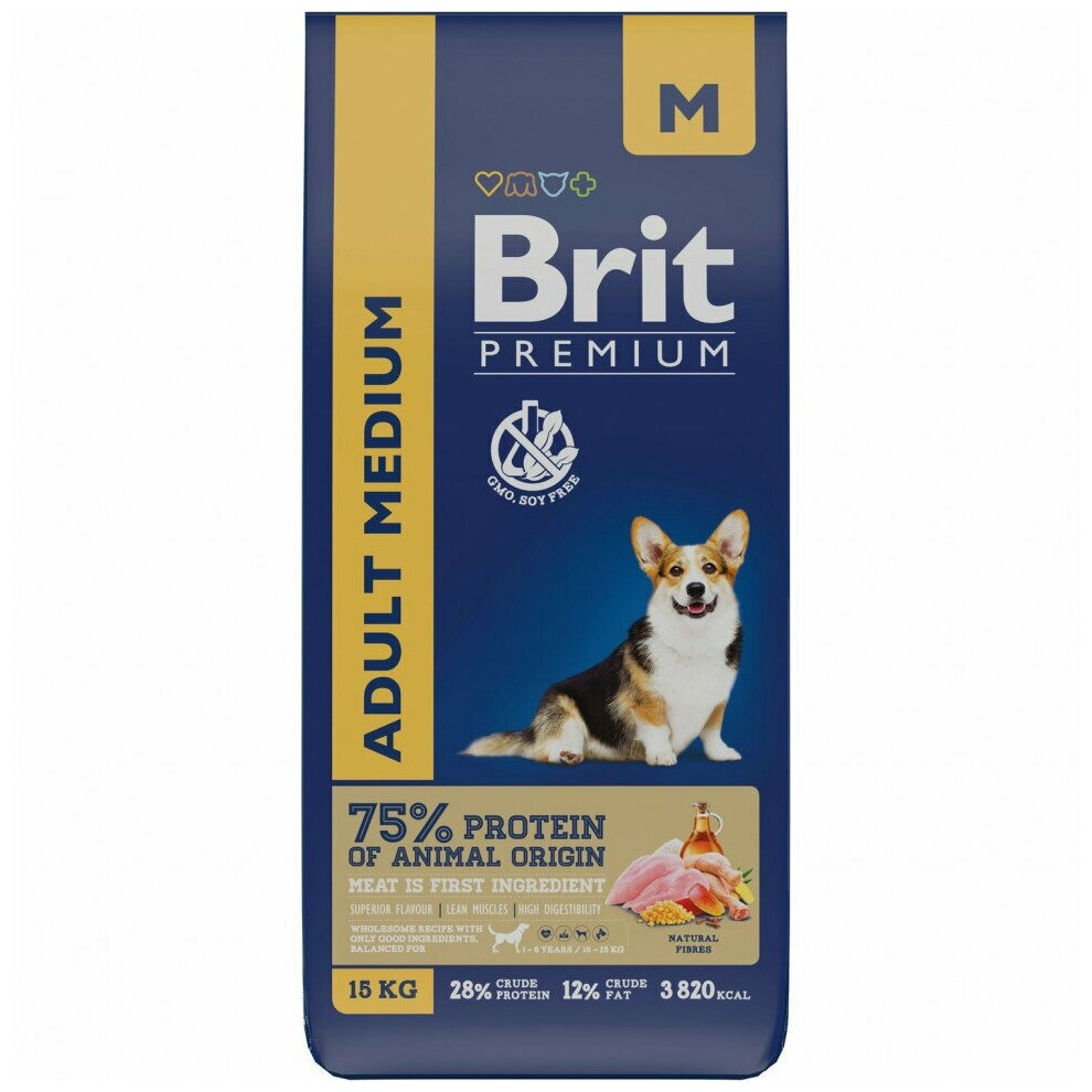 Brit Premium Dog Adult Medium сухой корм для взрослых собак средних пород с курицей - 15 кг