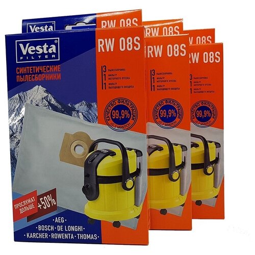 Комплект синтетических пылесборников Vesta filter RW08S XXl-Pack, 9 шт + 6 фильтров комплект синтетических пылесборников vesta filter rw08s xxl pack 9 шт 6 фильтров