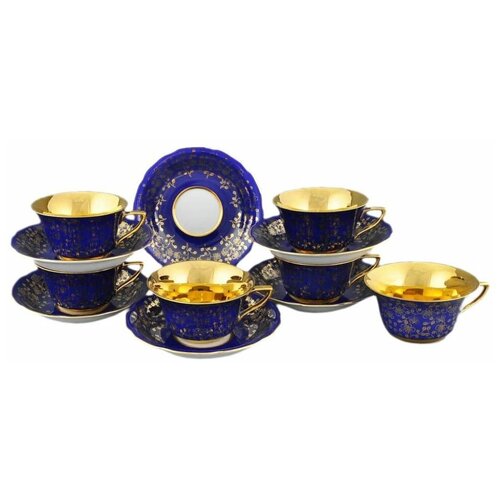 фото Набор чайных пар 100 мл 6 шт низкие leander "виндзор /золотые цветы /синие" 1 / 158675