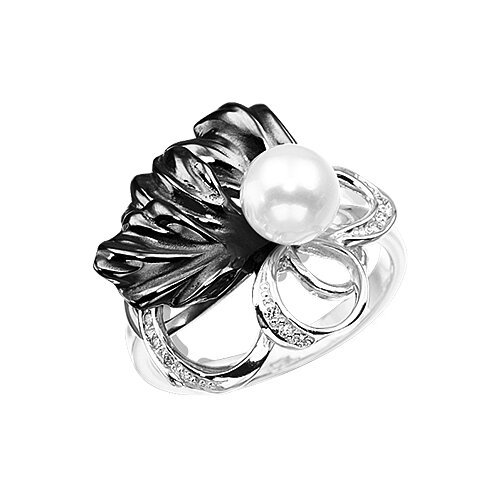 Перстень Альдзена Морской бриз К-15031, серебро, 925 проба, родирование, оксидирование, фианит, жемчуг культивированный, размер 18, серебряный, черный