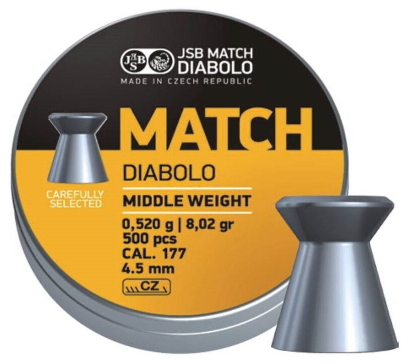 Пули JSB Yellow Match Diabolo Middle Weight 4,5 мм, 0,52 грамм, 500 штук