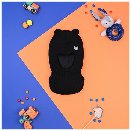 фото Шапка шлем для мальчика и девочки зима детская двойная с подкладом мишка с ушками, размер 50-52 черная baziator