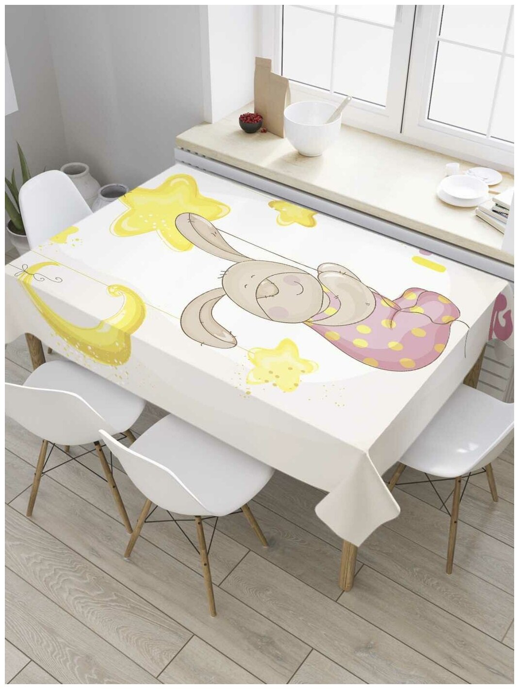 Скатерть прямоугольная JoyArty на кухонный стол "Воздушный зайка" из оксфорда, 120x145 см