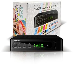 Цифровой ТВ ресивер GoldMaster T-747HD (DVB-T2(антенна), DVB-C(кабельное)/IPTV/YouTube), металлический корпус, дисплей, 2хUSB, поддержка WiFi адаптера