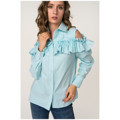 Голубая блузка с открытыми плечами и воланами Lapshina L0502 Бирюзовый 44