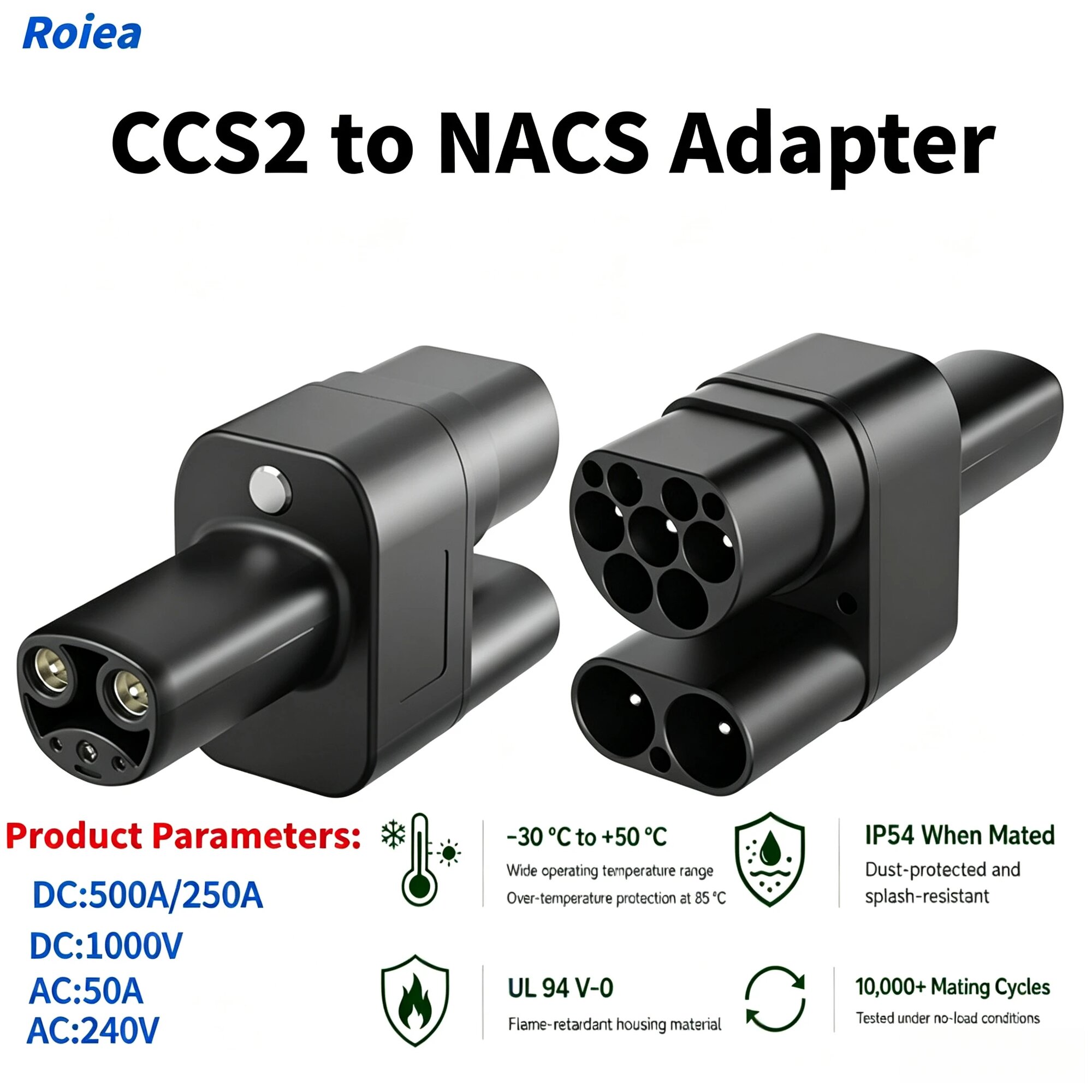 Адаптер для зарядки электромобилей Roiea CCS2 на NACS DC AC, 250А/500А, 1000В DC, 50А, 250A DC AC