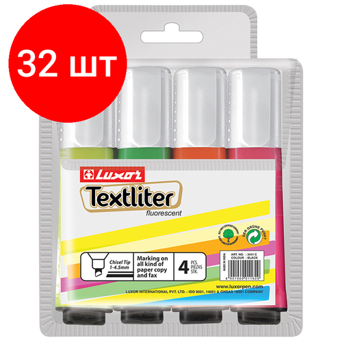 Комплект 32 шт, Набор текстовыделителей Luxor "Textliter" 04цв, 1-4.5мм, чехол с европодвесом