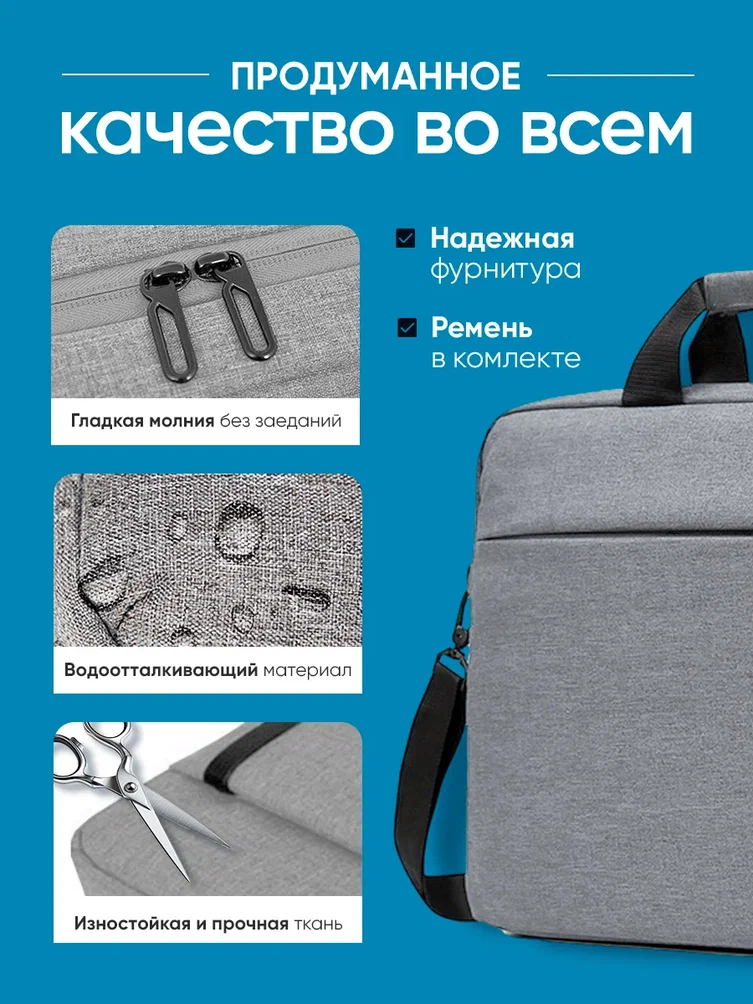 Yoho Сумка для ноутбука 15,6" светло-серая, противоударная, Портфель для документов А4 — фото 1