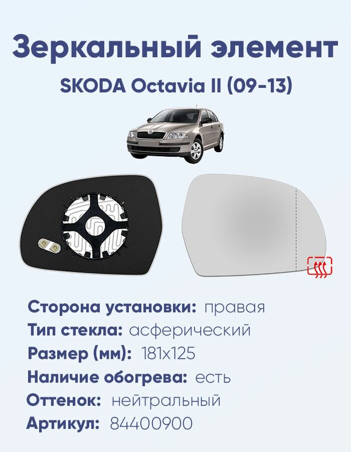 Зеркальный элемент правый SKODA Octavia II (09-13) асферика нейтральный с обогревом