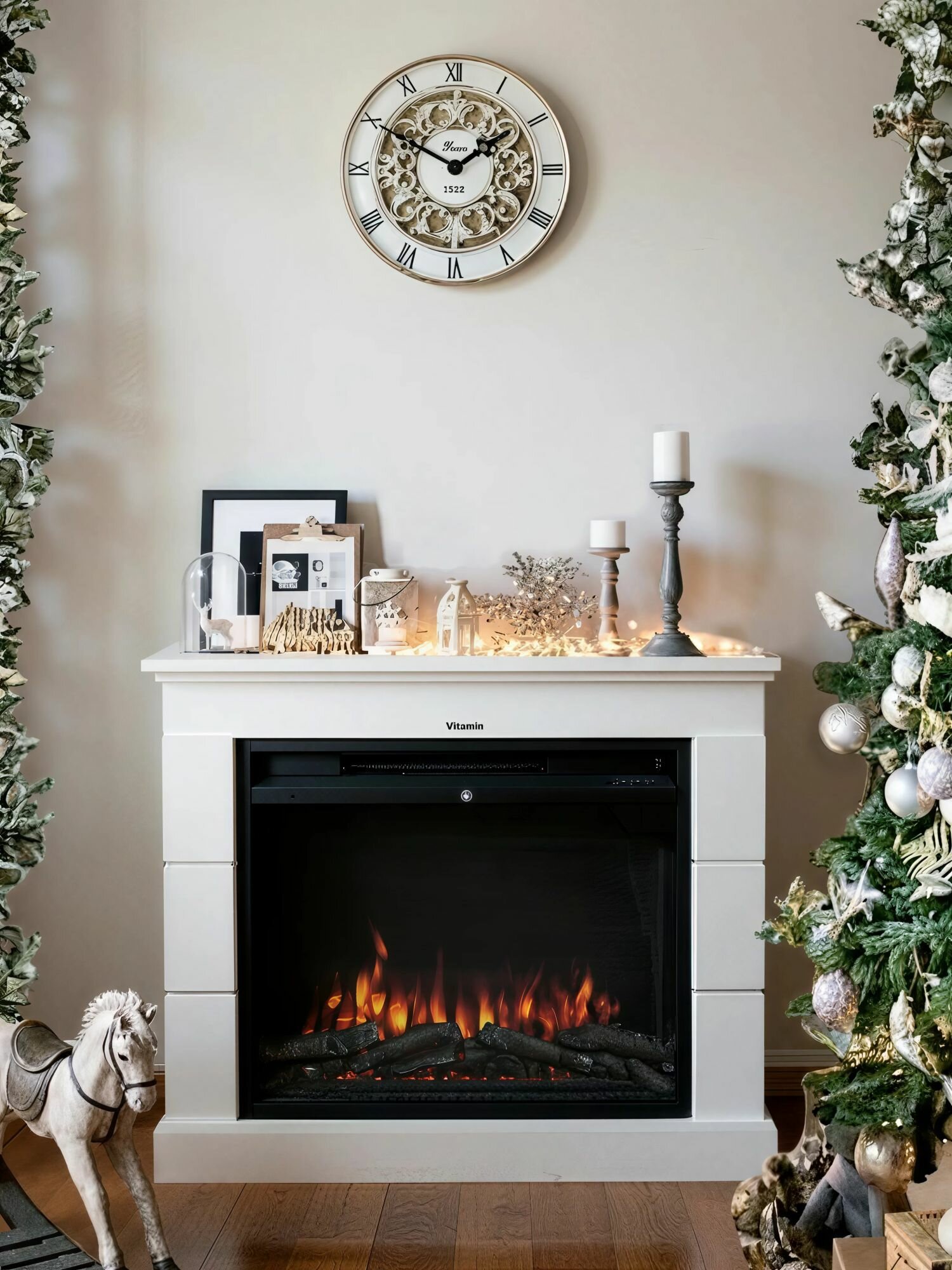 Камин электрический с белым порталом VITAMIN. Цвет "Белый" с пультом ДУ два режима обогрева звук подсветка пламени