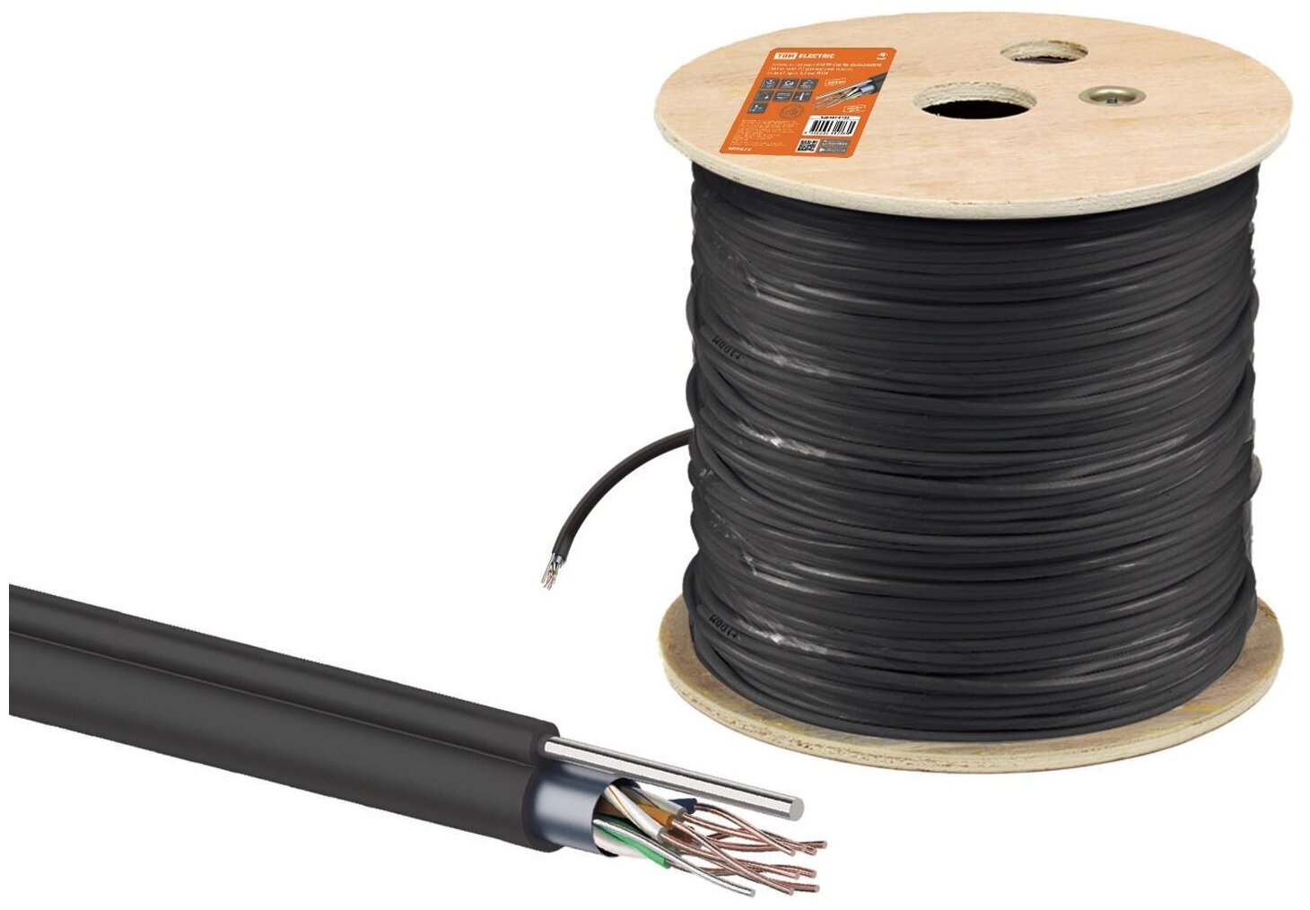 фото Кабель витая пара F/UTP Cat 5e 4х2х24AWG (305м) solid, PE для наружн. прокл, чёрный, трос 1,2мм TDM