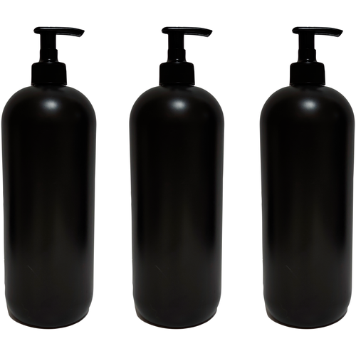 Флакон (бутылка) 1 л. HDPE с дозатором, черного цвета. Бутылочки для ванной. Диспенсер (дозатор) для мыла, шампуня, геля - 3 шт.