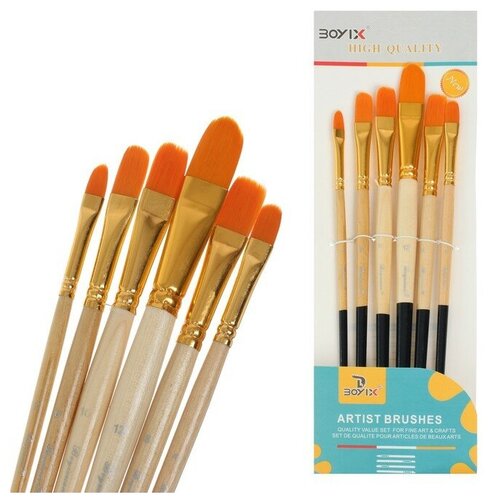 Набор кистей синтетика плоские 6 штук 24681012 закругленные в блистере 840₽