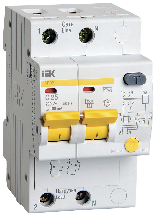 Выключатель автоматический дифференциального тока 2п C 25А 100мА тип AC 4.5кА АД-12 IEK MAD10-2-025-C-100 (1 шт.)