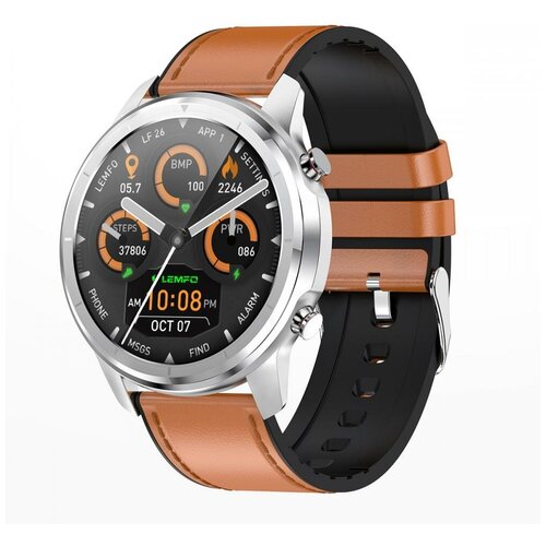 Смарт часы фитнес браслет LEMFO LF26с пульсометром шагомером счетчиком калорий водонепроницаемые с коричневым кожаным ремешком серебристые 449000₽